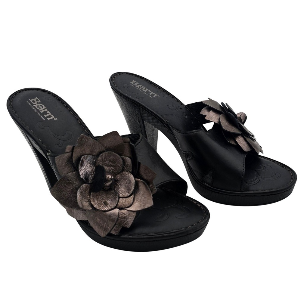 Born Leather Cone Heel Slide‎ Black Bronze Flower Artisan Cottagecore Boho US7